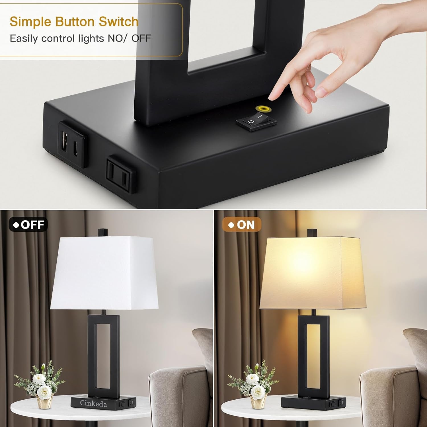Table Lamp Set of 2 with USB C+A Ports & AC Outlet, Bedside Lamps, Modern Bedroom Lamps, Black Lamps for Bedroom Living Room,Nightstand Lamp（Push Button Swich/No Dimming