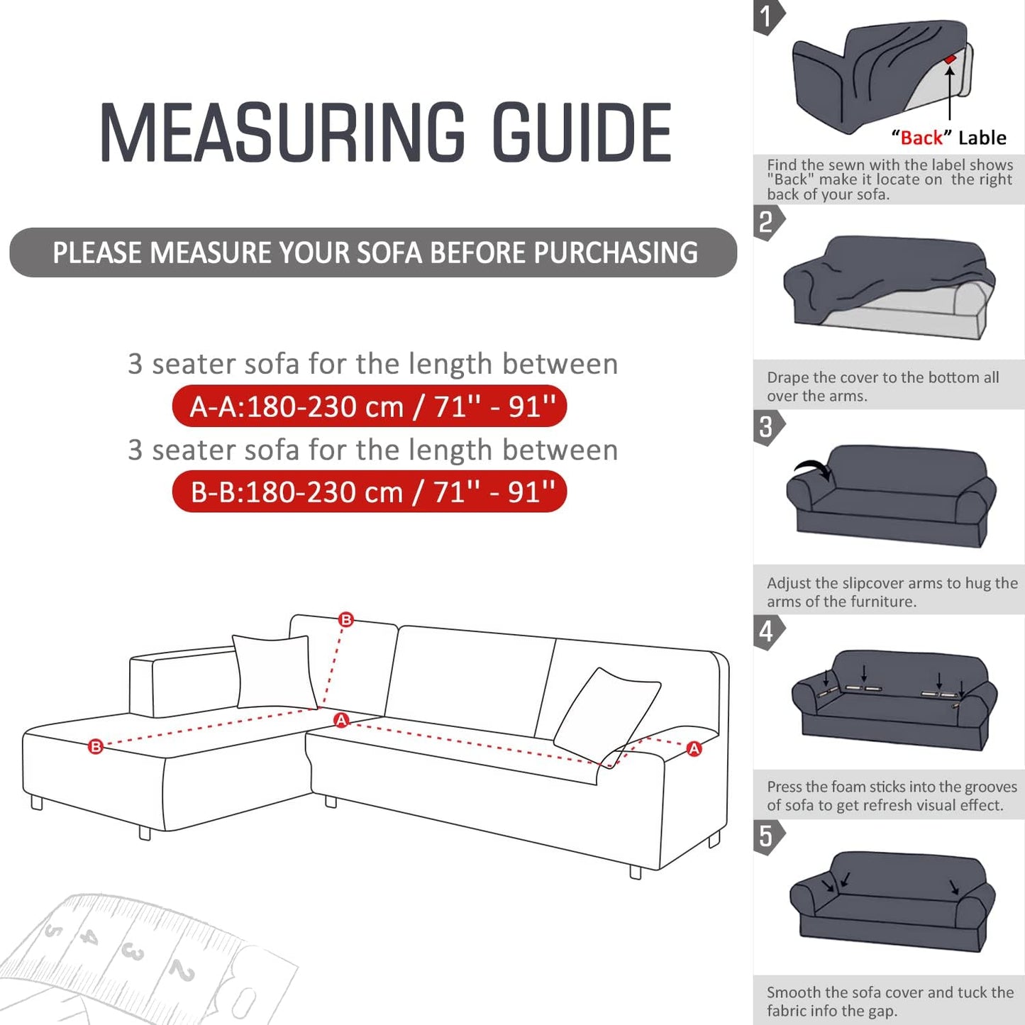 Sectional Couch Covers 2Pcs L-Shaped Sofa Covers Softness Furniture Slipcovers with 2Pcs Pillowcases L-Type Polyester Fabric Stretch Couch Covers 3 Seater + 3 Seater (Dark Gray)