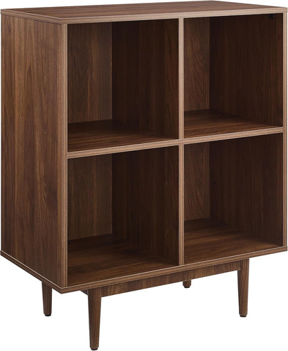 Liam Mid-Century Modern Vinyl Record Storage Media Stand with 4 Cubes, Walnut Finish