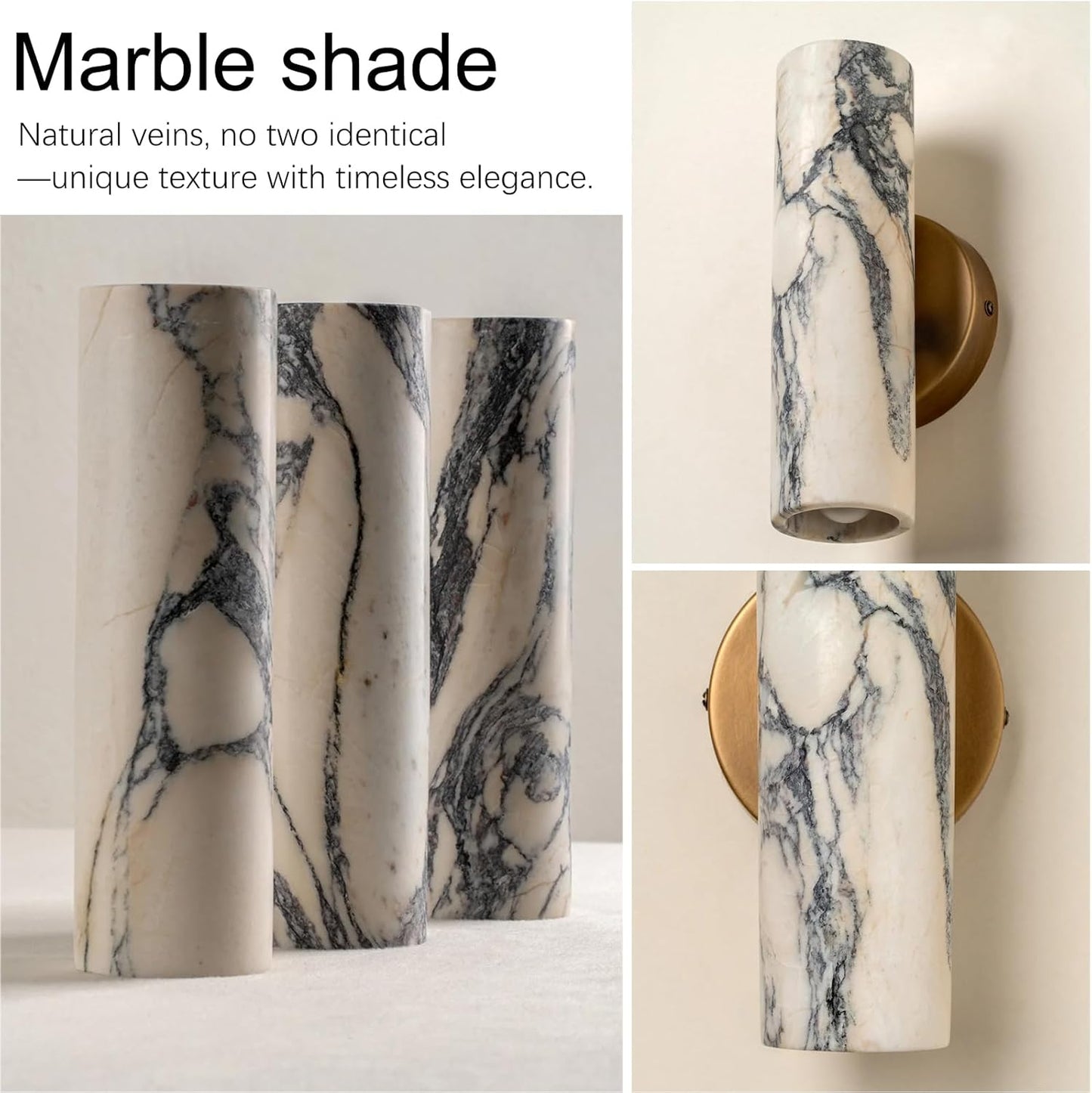 9.45-Inch Alabaster Wall Sconces - Nordic Style Natural Stone Wall Lamp with Marble Lampshade, Up and Down Lighting Fixtures, Metal Base Hardwired Indoor Wall Light for Bedroom, Bedside, and Hallway