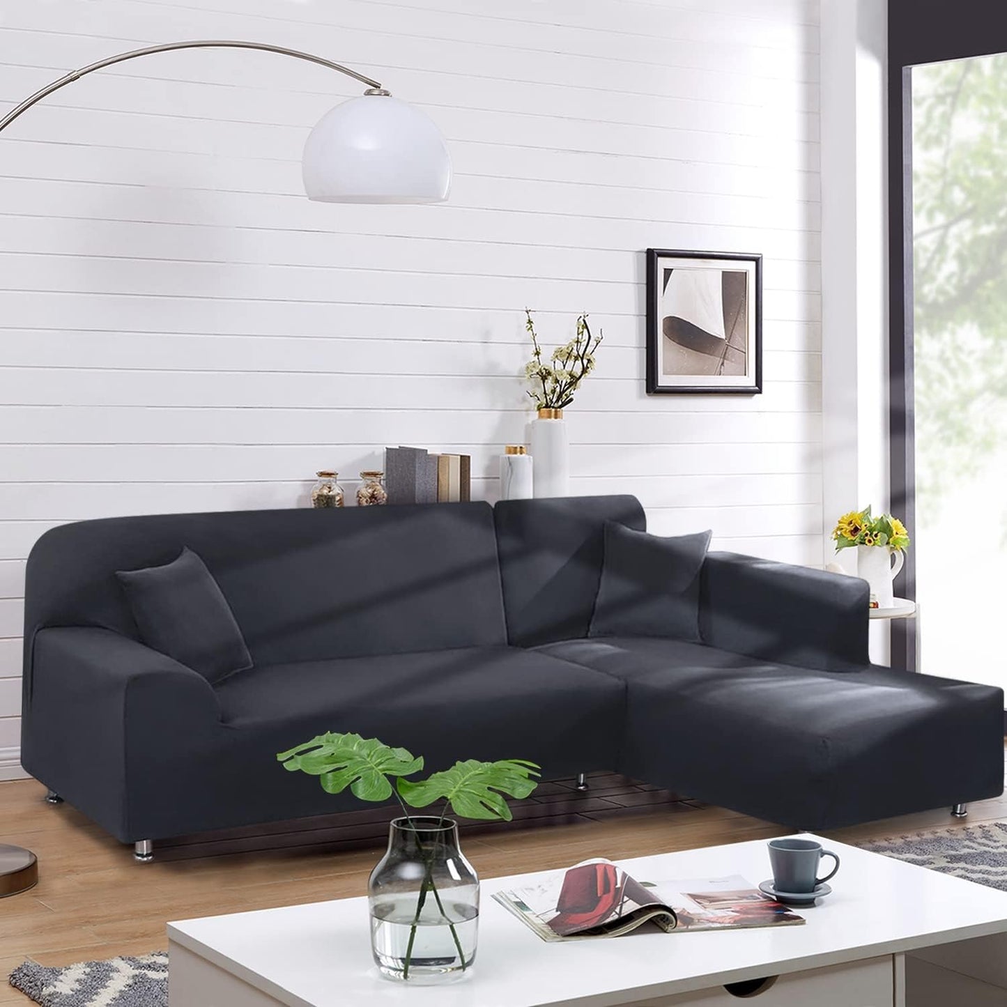 Sectional Couch Covers 2Pcs L-Shaped Sofa Covers Softness Furniture Slipcovers with 2Pcs Pillowcases L-Type Polyester Fabric Stretch Couch Covers 3 Seater + 3 Seater (Dark Gray)