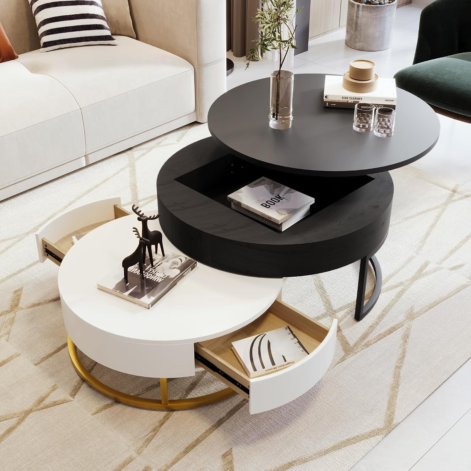Lift-Top Nesting Coffee Table with Hidden Drawers and Adjustable Storage Shelf, Contemporary Living Room Furniture