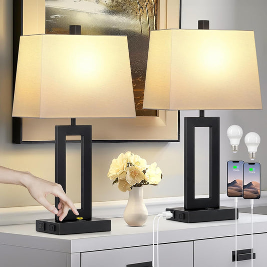 Table Lamp Set of 2 with USB C+A Ports & AC Outlet, Bedside Lamps, Modern Bedroom Lamps, Black Lamps for Bedroom Living Room,Nightstand Lamp（Push Button Swich/No Dimming