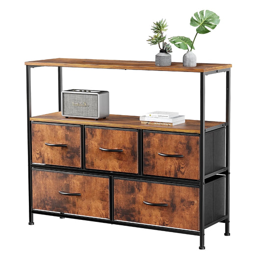 Dresser TV Stand, Entertainment Center with Fabric Drawers, Media Console Table with Open Shelves for TV up to 45 Inch for Bedroom, Living Room, Entryway, Rustic Brown