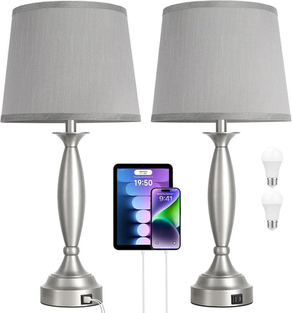 25.5" Touch Bedside Lamps for Nightstand Set of 2 - Bedroom Lamps with USB C+A, 3 Way Dimmable Nightstand Lamps, Brushed Nickel Table Lamps for Living Room (Bulbs Included)