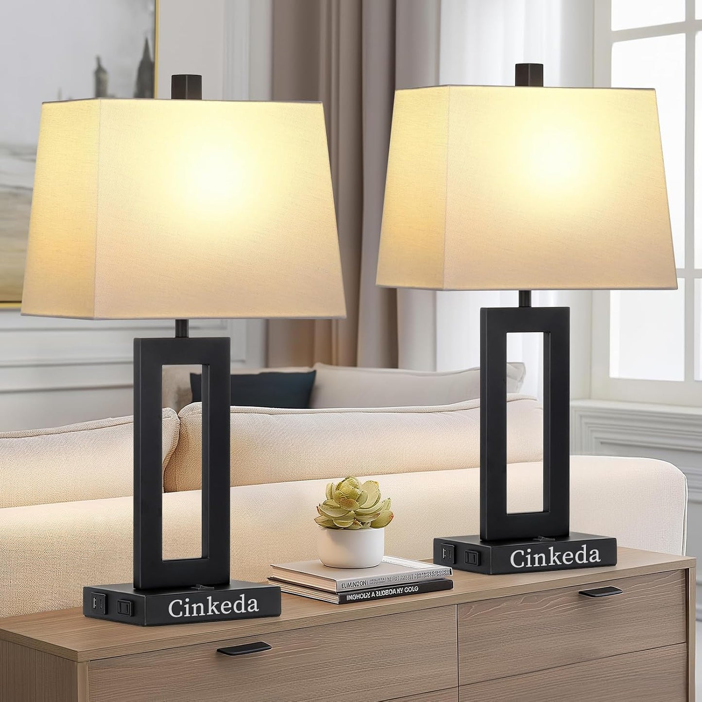 Table Lamp Set of 2 with USB C+A Ports & AC Outlet, Bedside Lamps, Modern Bedroom Lamps, Black Lamps for Bedroom Living Room,Nightstand Lamp（Push Button Swich/No Dimming