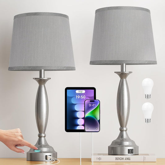 25.5" Touch Bedside Lamps for Nightstand Set of 2 - Bedroom Lamps with USB C+A, 3 Way Dimmable Nightstand Lamps, Brushed Nickel Table Lamps for Living Room (Bulbs Included)