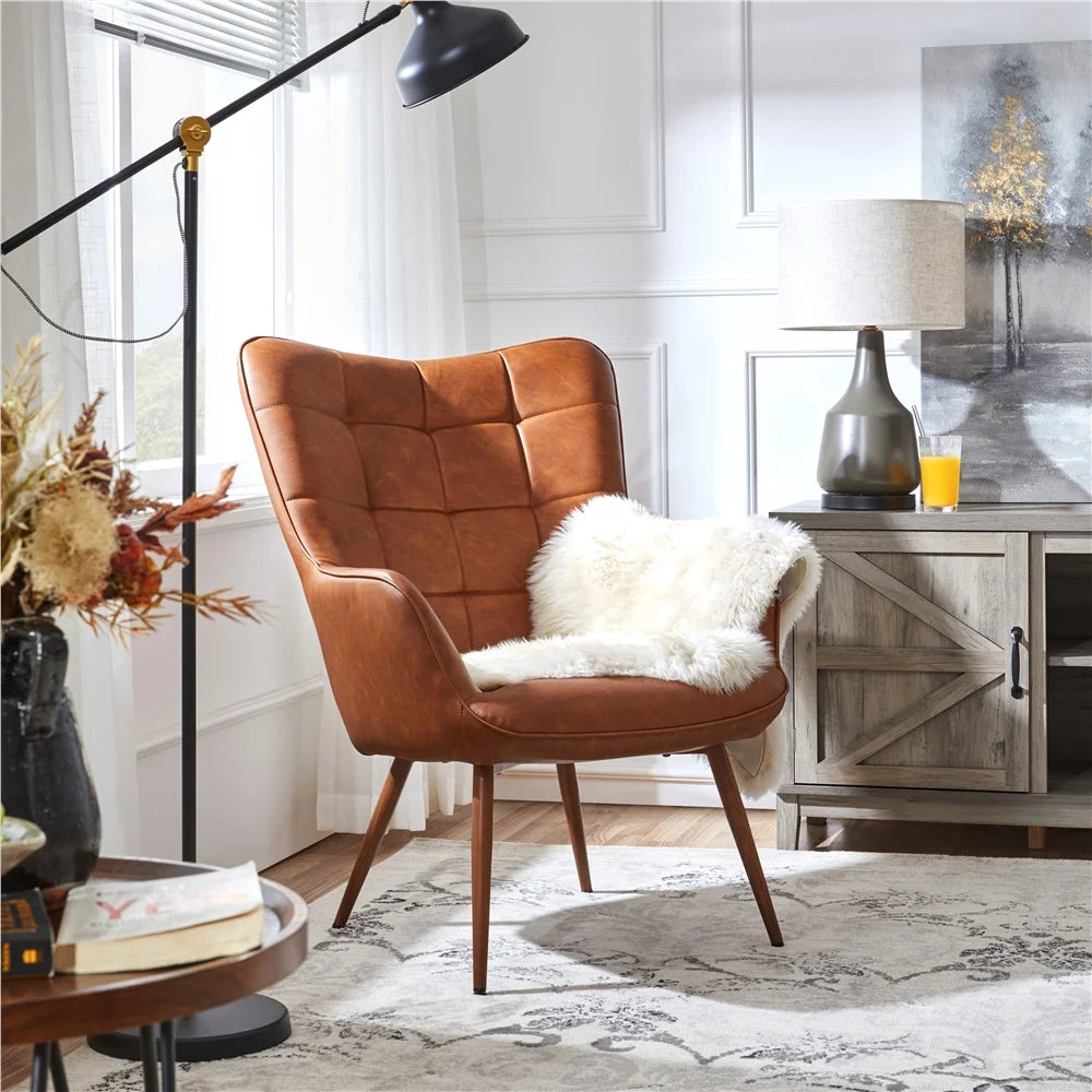 Mid-Century Modern Faux Leather Wingback Accent Chair, Set of 2, Gray