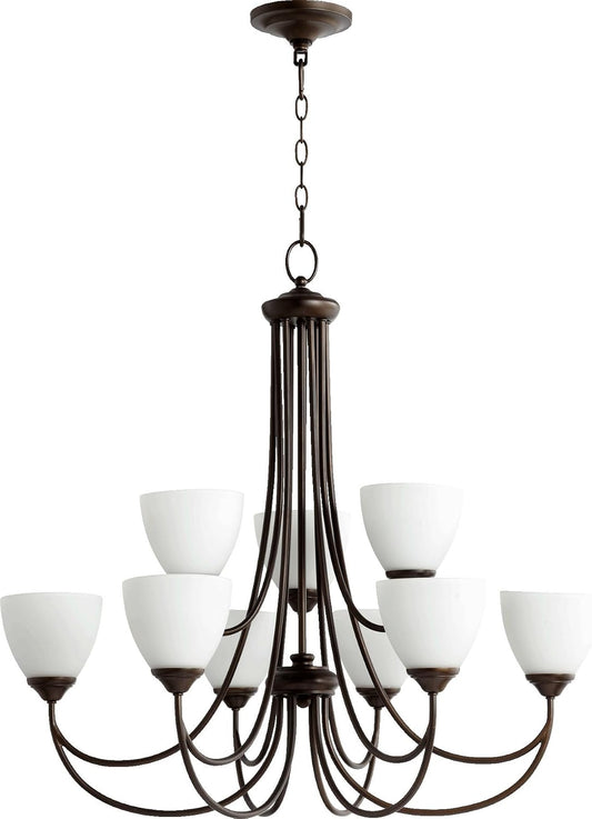 6050-9-86, Brooks Glass 2 Tier Chandelier Lighting, 9 Light, Oiled Bronze
