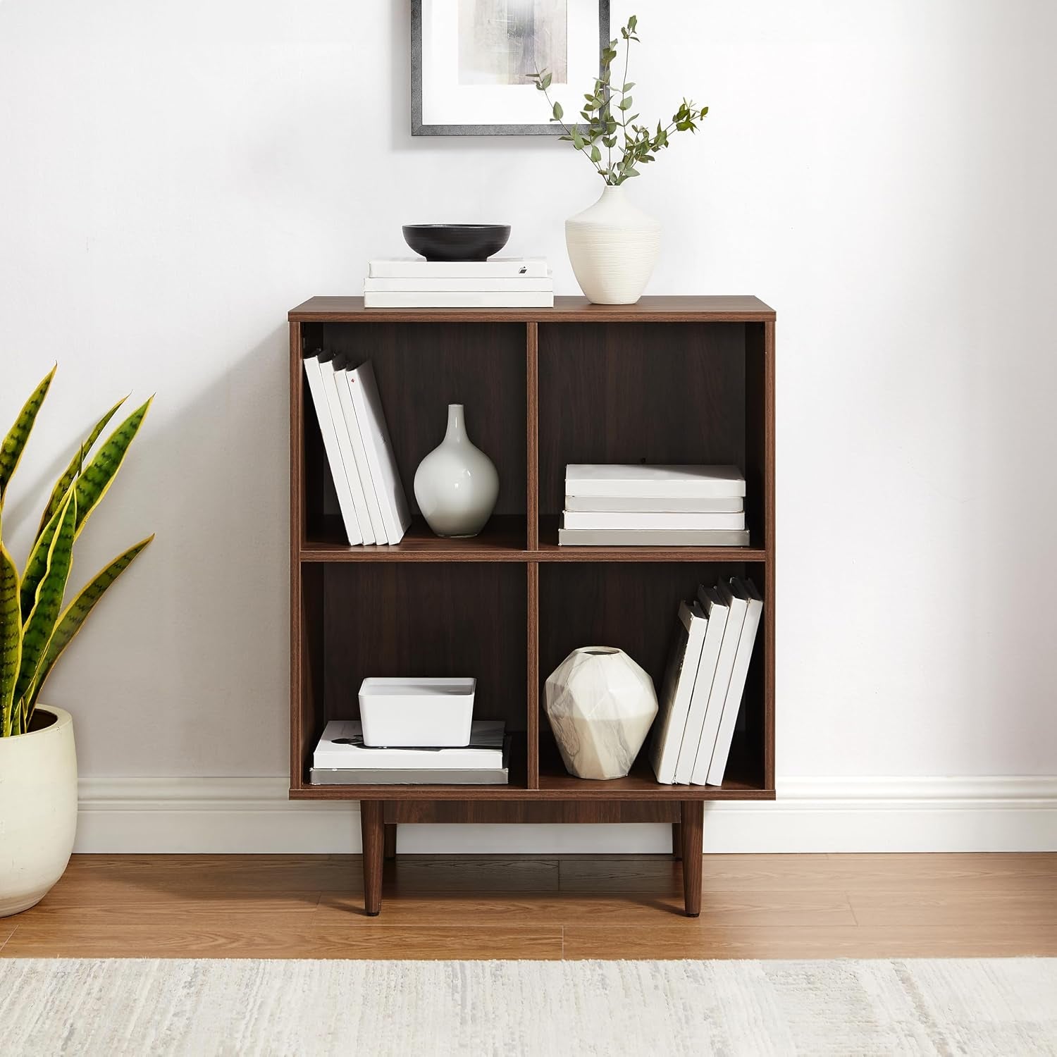 Liam Mid-Century Modern Vinyl Record Storage Media Stand with 4 Cubes, Walnut Finish