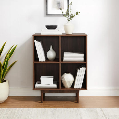 Liam Mid-Century Modern Vinyl Record Storage Media Stand with 4 Cubes, Walnut Finish