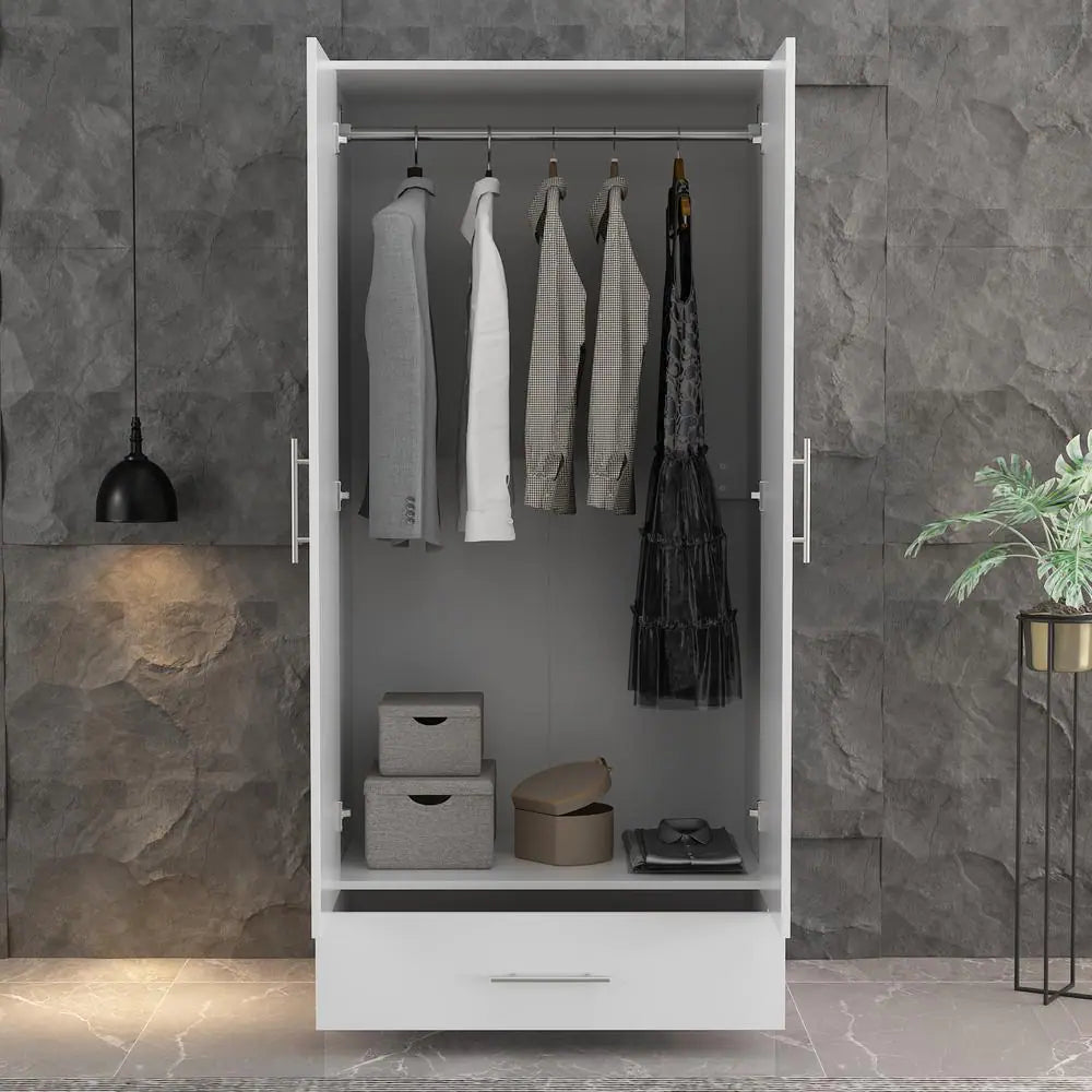 White 2-Door Wardrobe Armoire with Drawer and Hanging Rod, Dimensions: 66.9" H x 31.5" W x 18.9" D