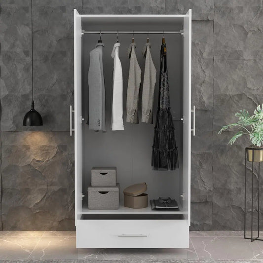 White 2-Door Wardrobe Armoire with Drawer and Hanging Rod, Dimensions: 66.9" H x 31.5" W x 18.9" D