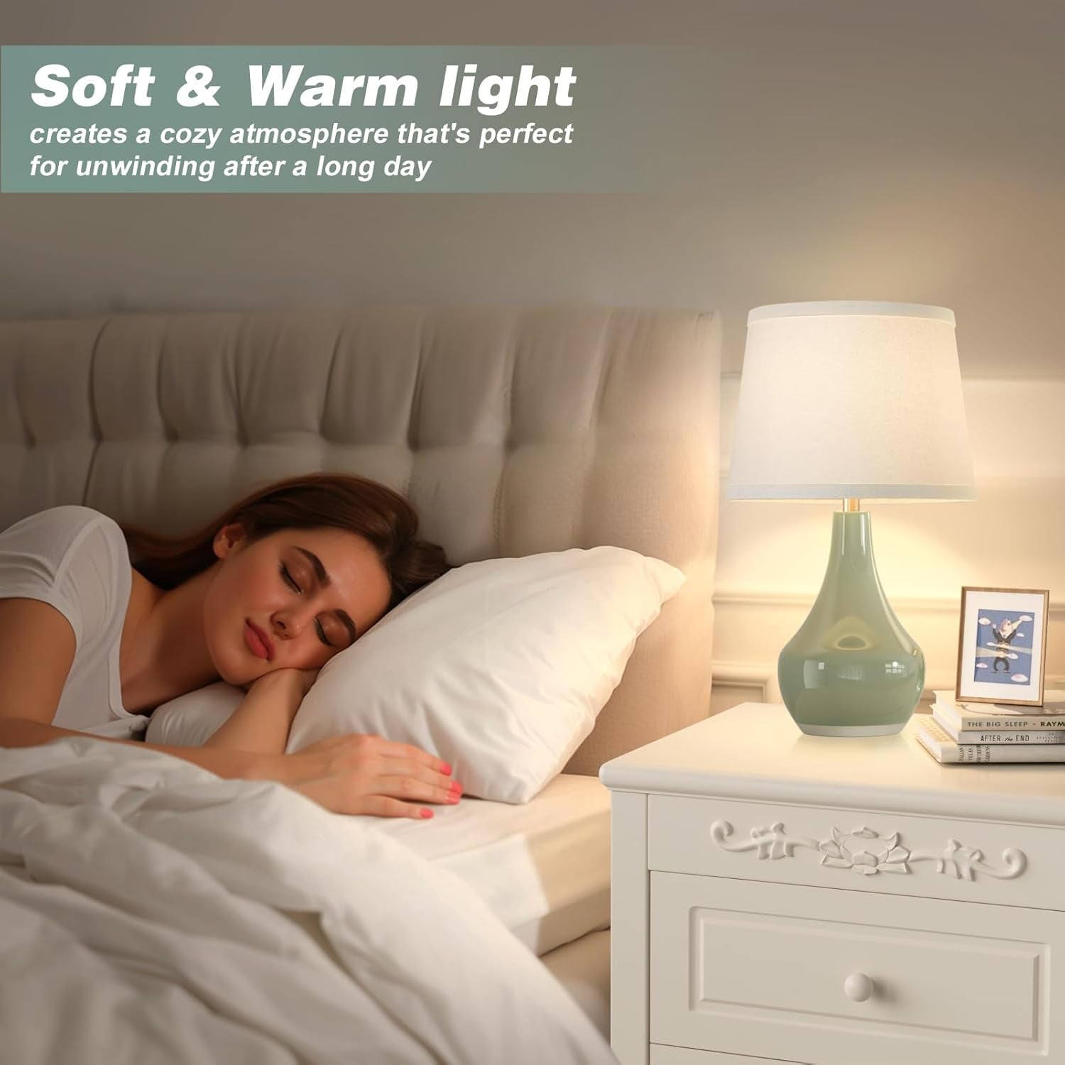 Modern Green Table Lamps Set of 2 - Bedside Lamps for Night Stands, 19.4" Bedroom Lamps for Living Room Sage Green Lamps with Rocker Switch