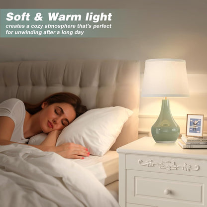 Modern Green Table Lamps Set of 2 - Bedside Lamps for Night Stands, 19.4" Bedroom Lamps for Living Room Sage Green Lamps with Rocker Switch
