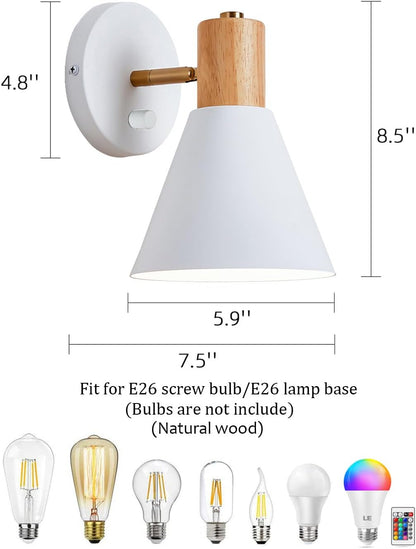 Wall Sconces Lighting Set of 2 for Bedroom, White Adjustable Wood Style Wall Sconce Reading Lamp, Wall Light for Bedroom Hallway Living Room (White-Hardwired, 2)