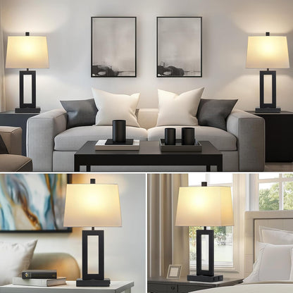 Table Lamp Set of 2 with USB C+A Ports & AC Outlet, Bedside Lamps, Modern Bedroom Lamps, Black Lamps for Bedroom Living Room,Nightstand Lamp（Push Button Swich/No Dimming