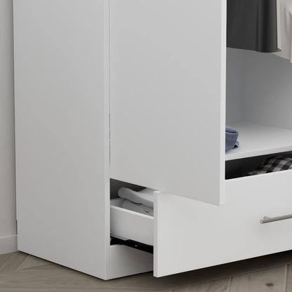 White 2-Door Wardrobe Armoire with Drawer and Hanging Rod, Dimensions: 66.9" H x 31.5" W x 18.9" D
