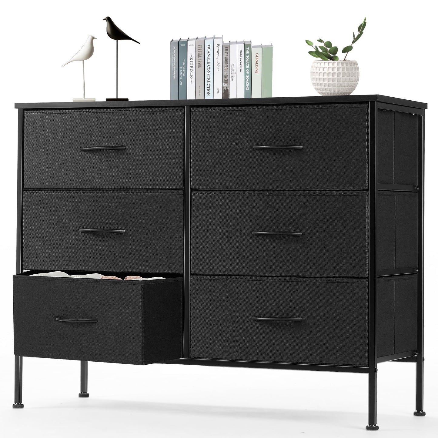 6 Drawer Dresser, Wide Chest of Drawers Nightstand Storage Tower Storage Fabric Dresser with Wood Top for Living Room, Bedroom, Hallway, Black