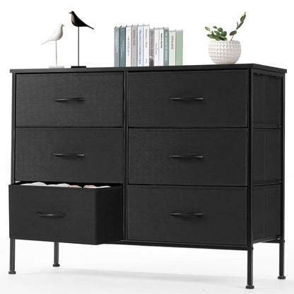 6 Drawer Dresser, Wide Chest of Drawers Nightstand Storage Tower Storage Fabric Dresser with Wood Top for Living Room, Bedroom, Hallway, Black