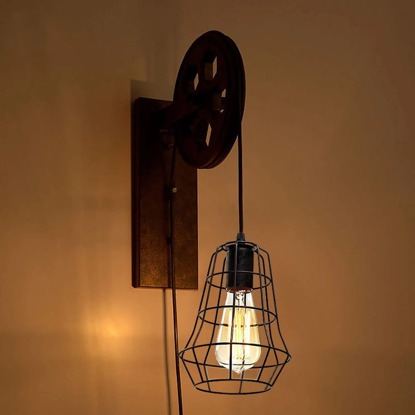 Industrial Vintage Wall Sconce with Lift Pulley and Iron Cage Lampshade for Indoor Illumination