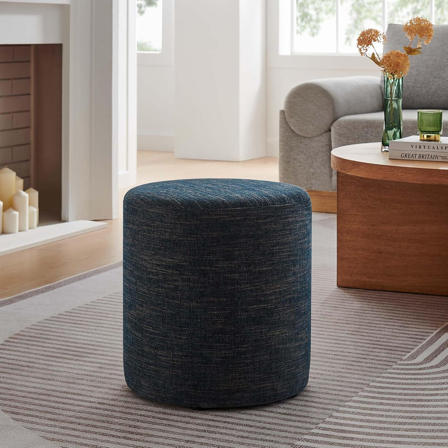 16-Inch Round Heathered Fabric Upholstered Ottoman