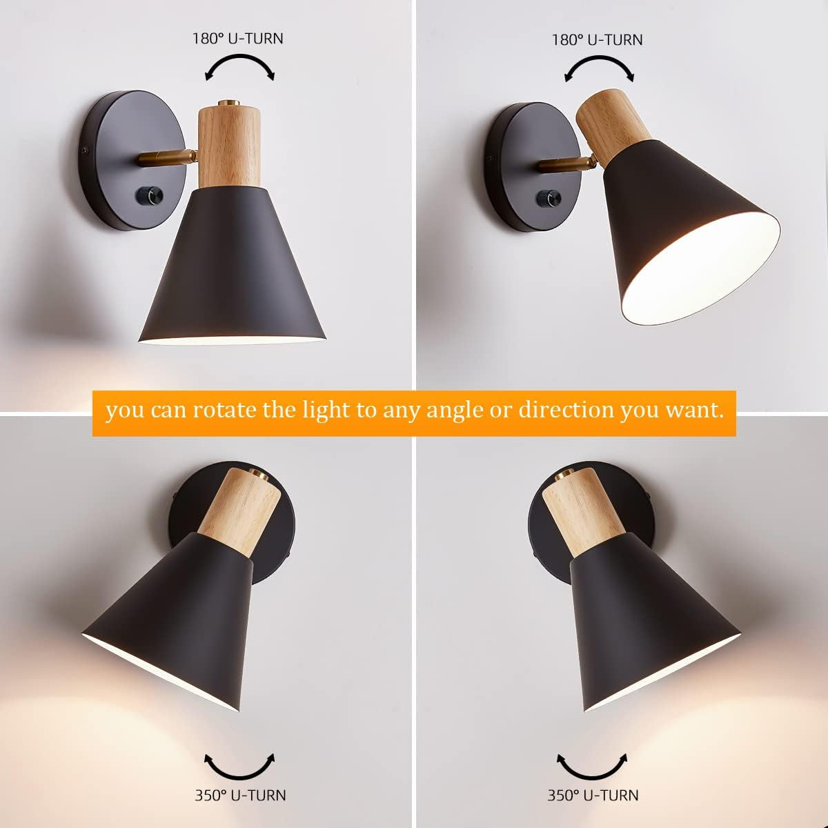 Wall Sconces, Modern Nordic Design, 2 Pack-Black, E26, Rotateable, Industrial Bathroom Bedroom Lighting Fixture, Wall Mounted